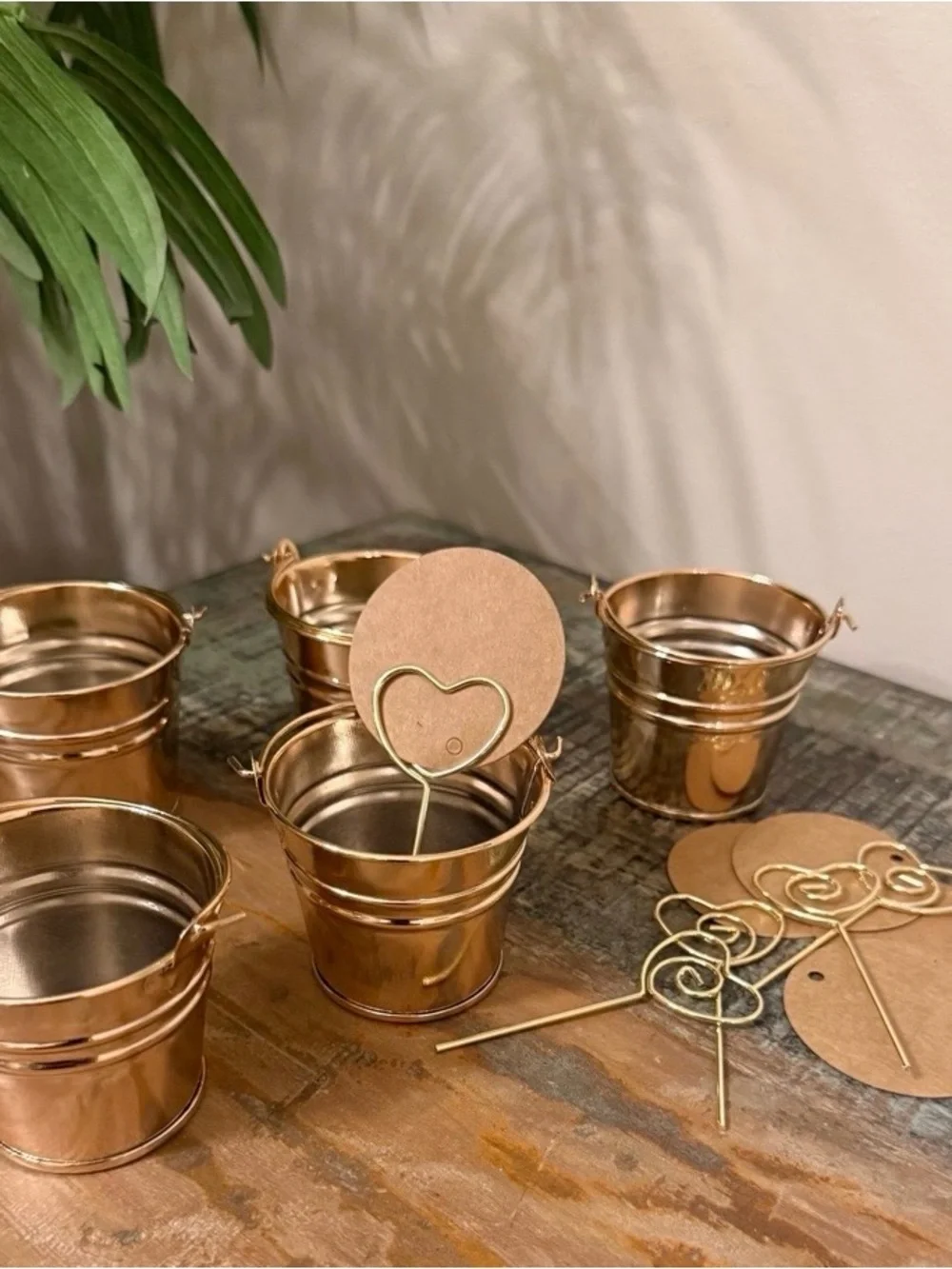 Set of 5 Gold Metal Bucket Favors with 5 Tags.
